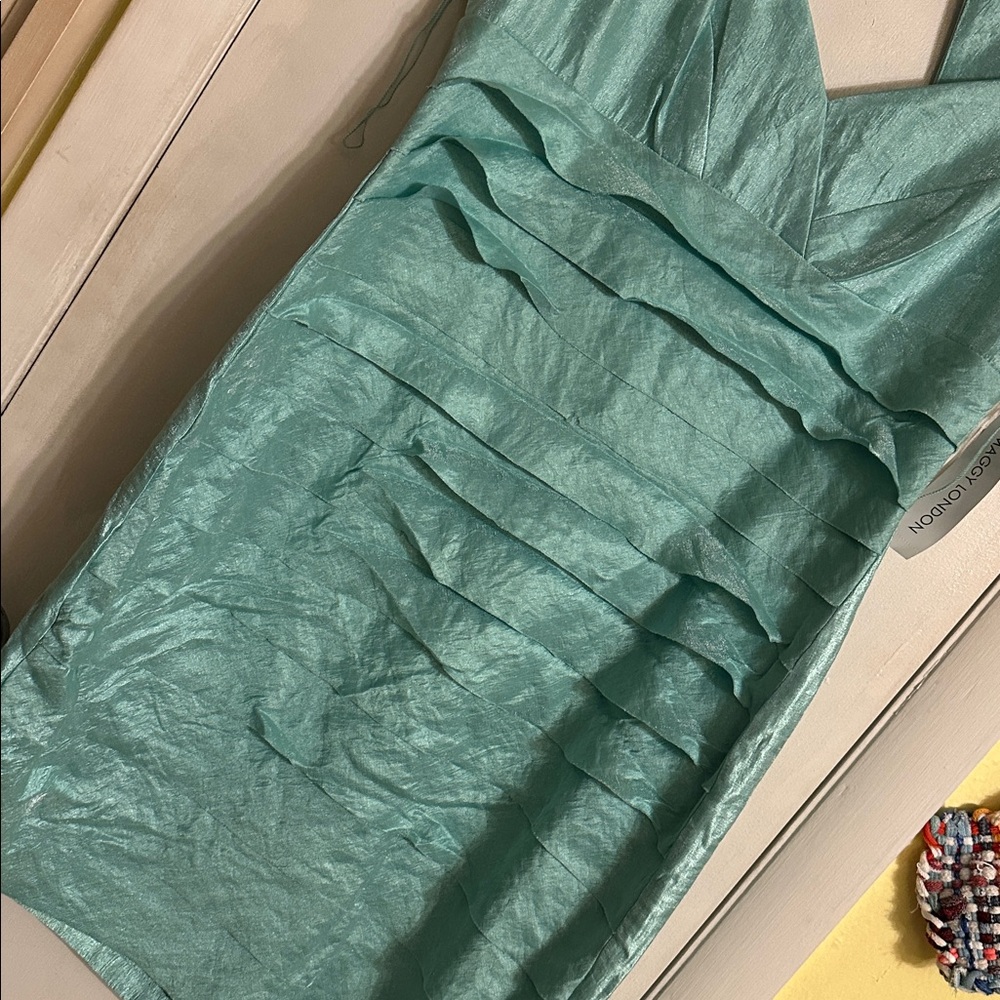 Maggy London One-Shoulder Teal Ruffle Sheath Dress - Picture 2 of 7